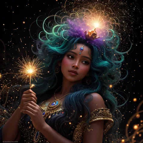 fantastically beautiful magical goddess of color burst into the dim world of soot of poverty and poverty, exquisite details, warm background, swirl of sparks, fantasy art, ultra-detailed, hyperrealism, bokeh and shimmering dust, chrysoberyl, flawless lines...