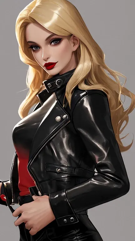 a blonde woman with a black leather jacket and red lipstick.