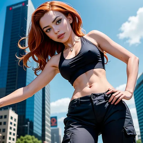 Masterpiece, best quality, detailed face, Kim Possible, black tank top, midriff, cleavage, perfect hands, walking, cargo pants, black shoes, red hair, looking at viewer, sexy smirk, in a city, close up