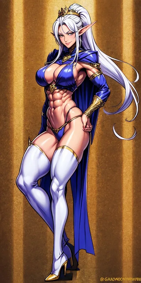 extremely long hair, ponytail, perfect anatomy 1 girl tall solo, slim thick, ((muscular)) high elf toned body, silver breast plate, blue cape, slendered abs, hourglass waist, detailed face, defined cheekbones, puffy lips, gauntlets, gold crown, shadow over...