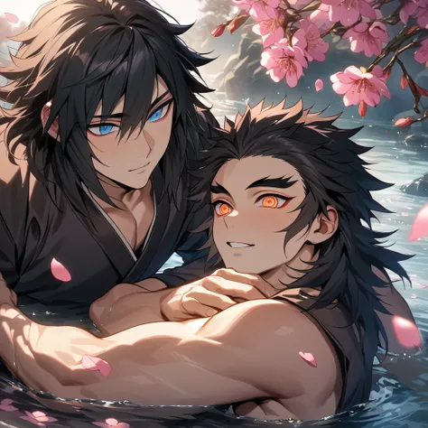 absurdres, highres, ultra detailed, HDR, master piece, best quality, Tomioka Giyu, untamed black hair, expressive blue eyes, hair between the eyes, Rengoku Kyojuro, blond medium hair with red streaks, expressive orange eyes, Kimetsu no yaiba, 2men together...