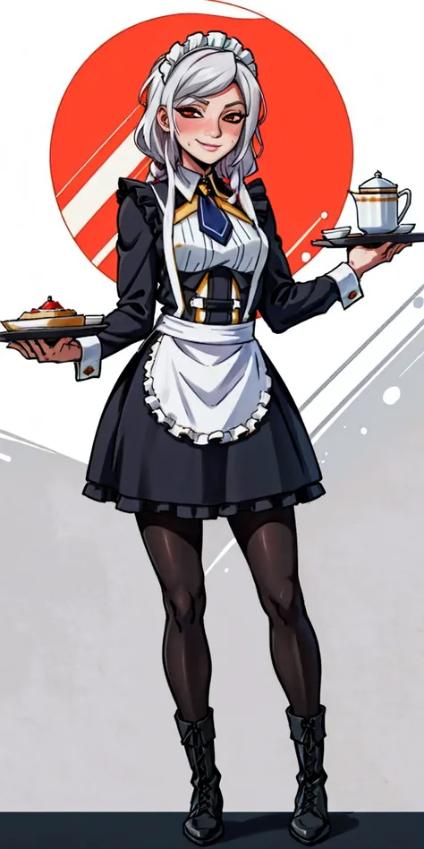 masterpiece full body standing straight symmetrical, lustful smirking smile face red blush red cheeks, looking at viewer, holding a tray, braid, maid headdress, maid, dress, apron, long sleeves, brown pantyhose, long leather military boots thighs, long whi...