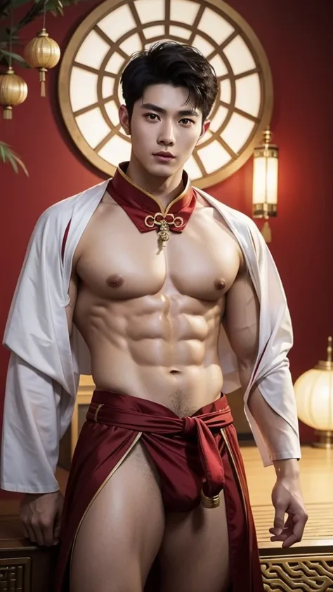 Chinese Men God, Mythology, Chinese odyssy, Handsome, Twink, Topless, Muscles, big breast Athlete body, Full Frame, Sexy, realistic, human skin, styling hair, detailed hair, Professional Lighting, Hanfu long  red Outfit, Chinese Heaven Background, detailed...