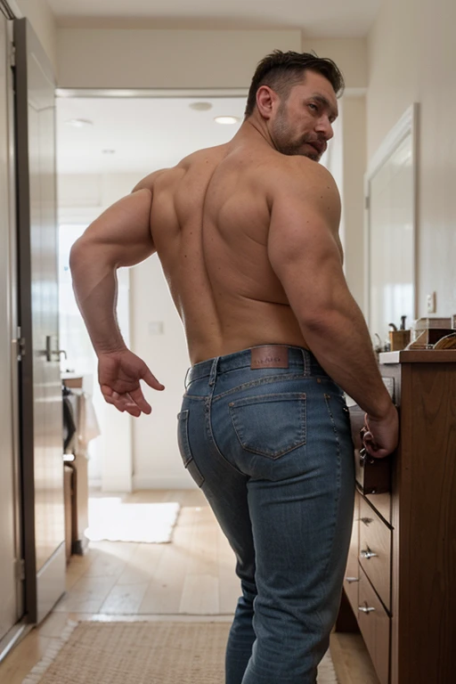 An impressive realistic photo of a large, muscular, hairy and masculine man, short hair, 40 years old, full body,   facing the camera, mustache beard, naked formal silver metalic tigth jeans,   bubble butt, on his back, backside Bent over manly empinado