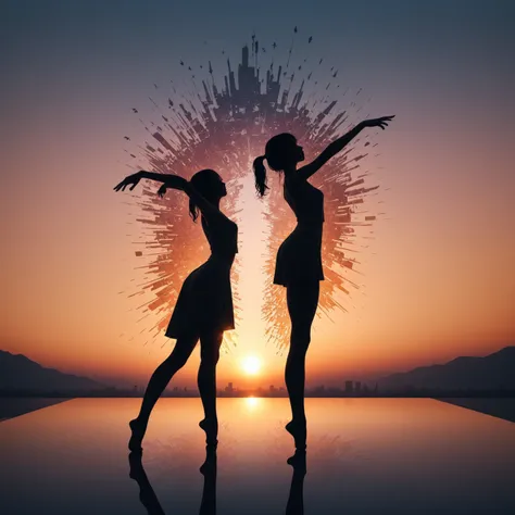 (masterpiece, best quality:1.2), 1girl, solo,standing_split, 
Silhouette Art of 1girl, multiple exposure, sunset, enhance, intricate, (best quality, masterpiece, Representative work, official art, Professional, unity 8k wallpaper:1.3)