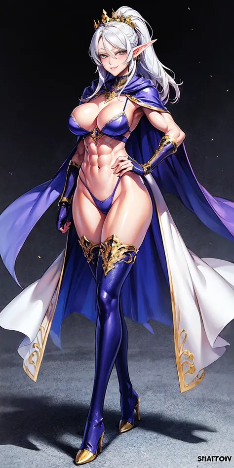 extremely long hair, ponytail, perfect anatomy 1 girl tall solo, slim thick, ((muscular)) high elf toned body, silver breast plate, blue cape, slender abs, hourglass waist, detailed face, defined cheekbones, puffy lips, gauntlets, gold crown, shadow over e...