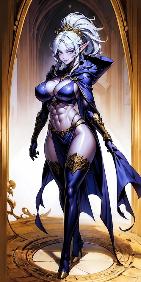 extremely long hair, ponytail, perfect anatomy 1 girl tall solo, slim thick, ((muscular)) high elf toned body, silver breast plate, blue cape, slender abs, hourglass waist, detailed face, defined cheekbones, puffy lips, gauntlets, gold crown, shadow over e...