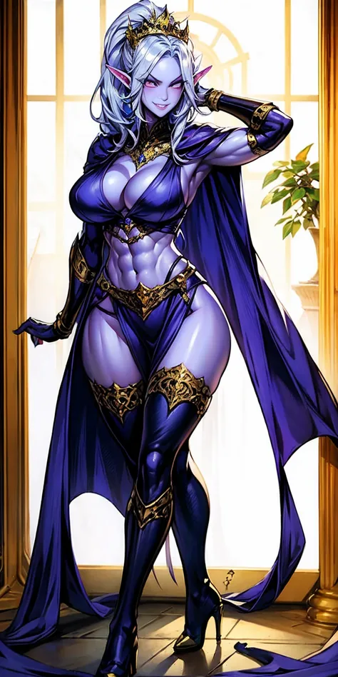 extremely long hair, ponytail, perfect anatomy 1 girl tall solo, slim thick, ((muscular)) high elf toned body, silver breast plate, blue cape, slender abs, hourglass waist, detailed face, defined cheekbones, puffy lips, gauntlets, gold crown, shadow over e...