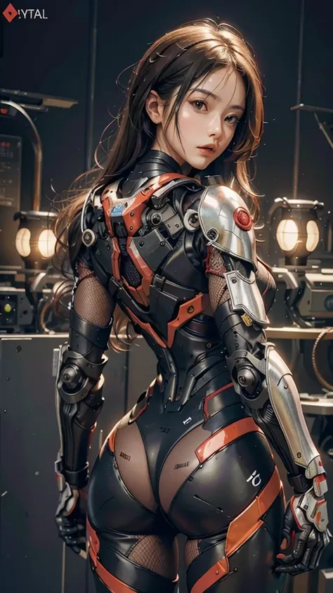 (Masterpiece), (Best quality), Photorealism, Realistic, Ultra detailed, Perfect face, Perfect body, 1girll, Beautiful girl, Girl in red armor, Mechanical armor, exoskeleton, Stand, Cool pose, Sexy, Watching from behind