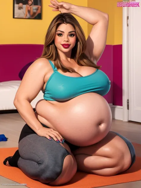 Sofia Vergara, ref lipstick, yoga outfit, chubby body,bbw, morbidly obese, fat, Big pregnant round belly