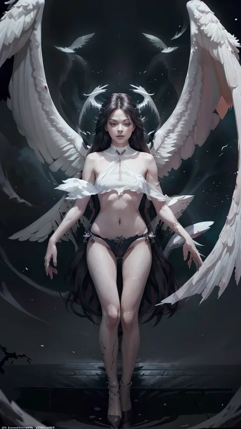 devil god, (Silhouette:1.5), (Realistic picture, highest resolution, 16k), ((She has 12 wings on her back:1.5), (6 white wings:1.5) and (6 black wings:1.5)), ((She has 12 wings on her back.:1.5), Separate theme, สับหว่างระหว่างปีกนางฟ้าandปีกมาร, สับหว่างร...