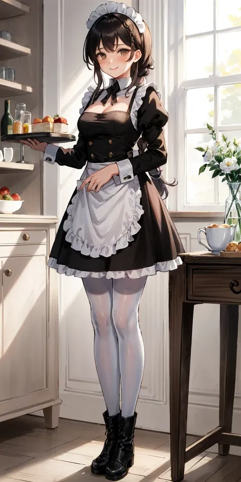 masterpiece full body standing straight symmetrical, lustful smirking smile face red blush red cheeks, looking at viewer, holding a tray, braid, maid headdress, maid, dress, apron, long sleeves, brown pantyhose, long leather military boots, thighs, long wh...