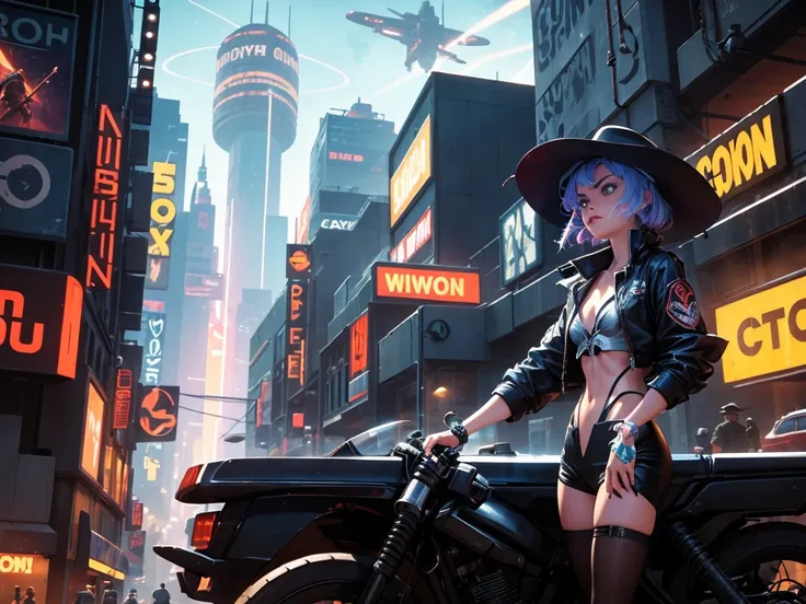 cowboy bebop, a cowboy bounty hunter with a cybernetic arm,a futuristic cityscape at sunset,cool street vibes,sleek spaceships hovering in the sky,fast-paced action scenes,neon lights illuminating the dark streets,a jazz music club,holographic advertisemen...