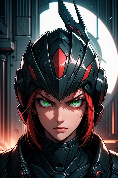 (masterpiece, best quality, beautiful and aesthetic:1.1), snukp, 1girl,[sci fi red helmet on head with glowing green eyes],mask,(pretty surprised face),angry eyes,(the most beautiful face in the world:0.8),(beautiful detailed symmetrical eyes:0.8),(sci fi ...