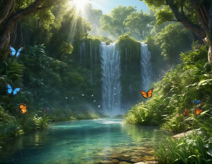 a hyper-realistic close-up image in high definition, a narrow river with calm and clear waters, running through a forest in a valley, vast vegetation and foliage around, birds and butterflies flying, fantasy atmosphere, fairy tale look, dew in vegetation, ...