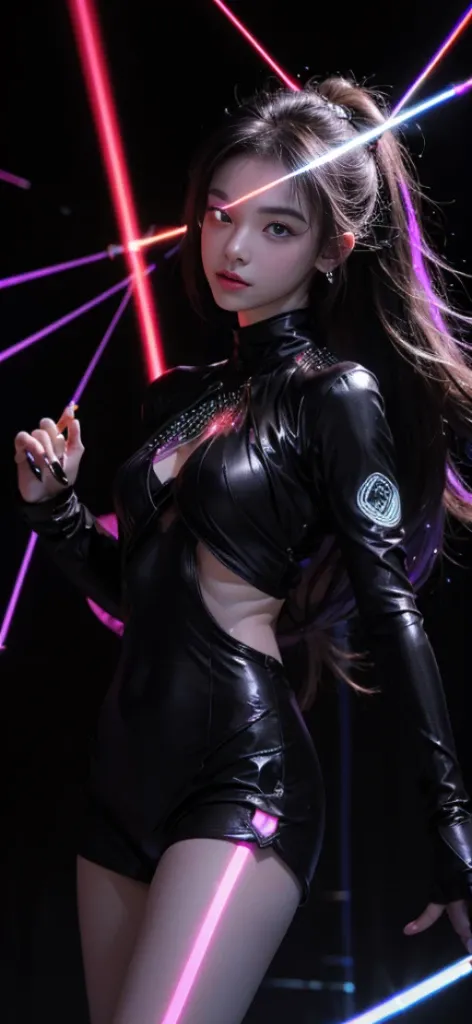 8K, ultra hd, masterpiece, 1 girl, (good face:1.4), detailed eyes, very long hair, impressive hairstyle, earings, necklace, small breasts, (glowing outfit:1.5), see-through, (black laser outfit:1.5), Light-colored foundation brings out the skin, (in the da...