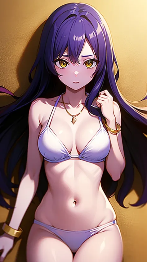 masterpiece, best quality, 1 solo girl, purple hair, yellow eyes, long hair, medium breasts, sexy body and face, wavy hair, white bikini, jewelry, bracelet, necklace, summer, beach, lying at the sand, sexy pose, cowboy shots, detailed body, face, and eyes,...