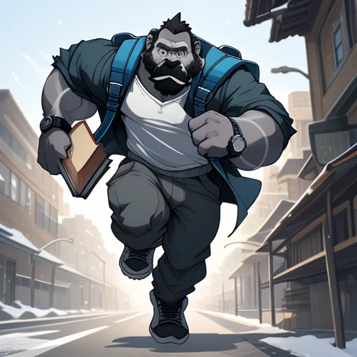 an anthro furry bara grey/black-ish gorilla with grey face and a full beard and mustache wearing, hyper bulge, no clothes, a watch and a backpack, running fast holding books looking nervous, dynamic running pose, slightly billowing coat, sideways view 3/4