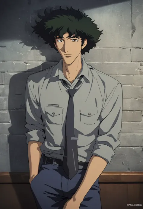 centered image, general shot, ((cowboy bebop:1.5, spike spiegel , criminal photo:1.6, image of a wall with police height measure...