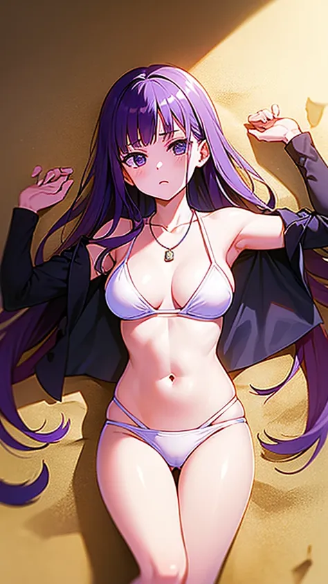 masterpiece, best quality, 1 solo girl, purple hair, purple eyes, long hair, medium breasts, sexy body and face, wavy hair, white bikini, jewelry, bracelet, necklace, summer, beach, lying at the sand, sexy pose, cowboy shots, detailed body, face, and eyes,...