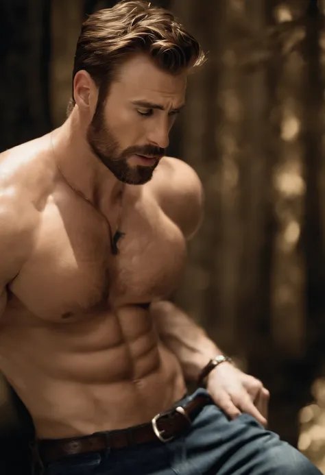 (best quality,ultra-detailed:1.2),(realistic:1.37), Chris Evans, (shirtless), muscular, handsome, rugged, sexy