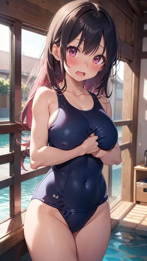 mastute piece,Best Quality,insanely detailed,8k cg,
shoot upper body,
1girl,standing,body in front,looking at viewer,(navyblue school swimsuit),
blush,shy,(trembling:1.2),pink hair,break,open mouth,large breast,poolside,