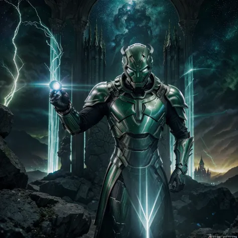 (A imagem mostra) (Victor Von Doom) (in a mystical setting), (wrapped in your metallic armor) (nas cores verde e dourado). (Ao redor dele), (mystical portals open), (revelando paisagens diversas). (Doom segura) (the Cosmic Cube) (In one hand) (and a magic ...