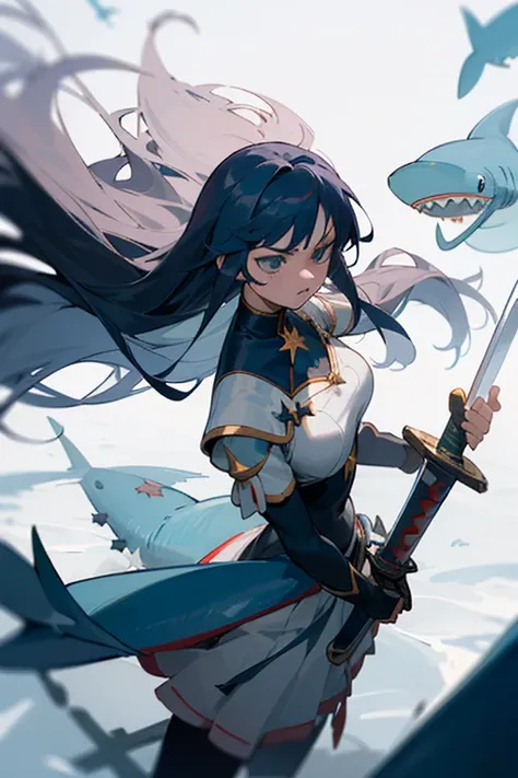 ((anime)), ((mahou shoujo)), (detalhado), ((rosto perfeito)), ((batalha)), ((olhos azuis e ouvir)), (Holding a Greatsword in the left hand)), ((Guardian Star)) , ((Shark_Based_Outfit)), ((long hair)), ((Big Sword)), ((agressive face)), ((rage))