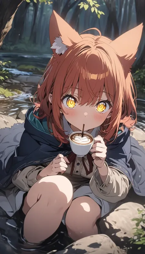 8K, (highest quality、masterpiece、High resolution、detailed), (anime:1.4), (Shining eyes、detailed美しい顔), BREAK, 1 girl, redhead, animal ears, blue hooded cape, ears are sticking out, Pause: sitting on a rock in the forest river, yellow eyes,  Drinking espress...