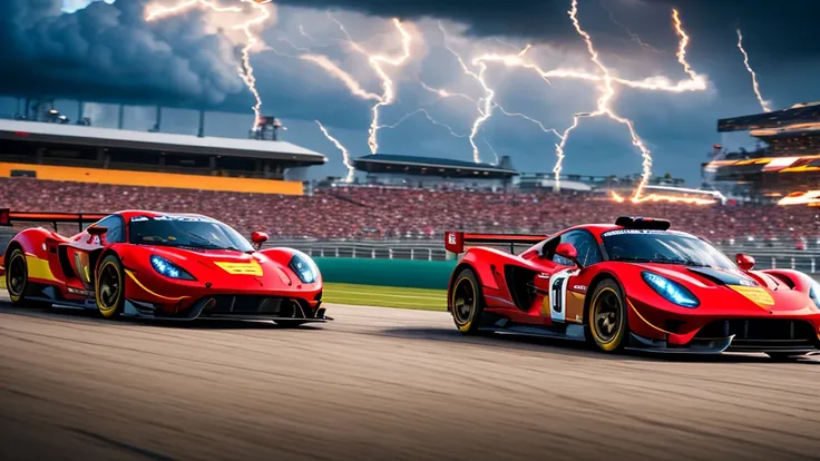 In the heart of an exhilarating racetrack, two sleek racing cars weave through the circuit, their vibrant red and black bodies gleaming in the sunlight. The blurred archives and grandstands in the background are a testament to the high-speed chase unfoldin...