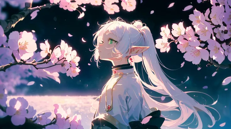 ((highest quality, super detailed woman:1.3)),(White hair,elfs ears,green eyes,shining eyes, absurdly long long twin tail:1.3),(landscape photography:1.2), (highly detailed background:1.2),(look up, cherry blossoms, cherry blossom,standing, midnight, moon:...