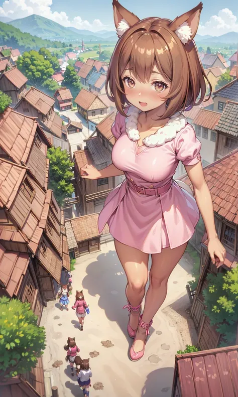 breasts and face, cute pink outfit, brown skinned, catgirl, fluffy ears, brown eyes, brown hair, (giantess catgirl walking: 1.2)...