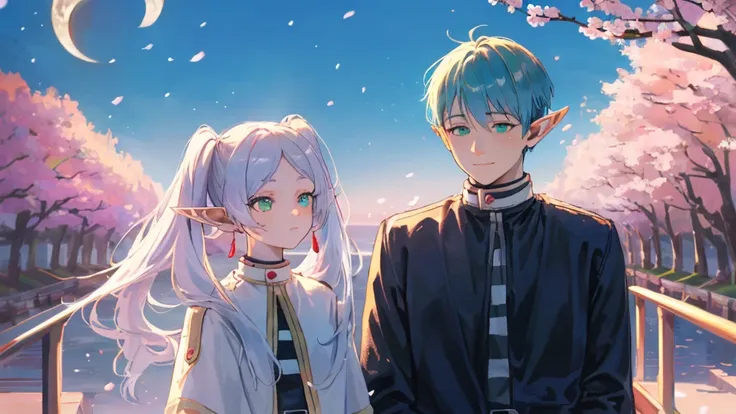 ((highest quality, super detailed girl and boy:1.3))BREAK,(White hair,elfs ears,green eyes,shining eyes, absurdly long long twin tail:1.3),BREAK,(boy is Blue hair:1.3),BREAK,(boy and girl walking side by side:1.3),(landscape photography:1.2), (highly detai...