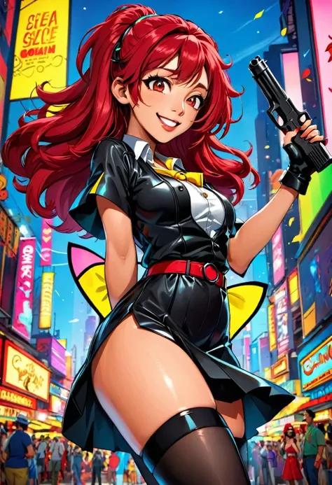 (a lovely woman in cosplay as Cowboy BeBop Fay Valentine with red hairband,holding a pistol),comic convention,illustration,cartoon style,high saturation colors,beautiful detailed eyes and face,long red hair,smiling expression,casually dressed,unique clothi...