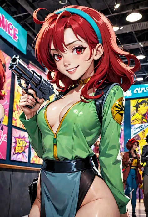 (a lovely woman in cosplay as Cowboy BeBop Fay Valentine with red hairband,holding a pistol),comic convention,illustration,cartoon style,high saturation colors,beautiful detailed eyes and face,long red hair,smiling expression,casually dressed,unique clothi...