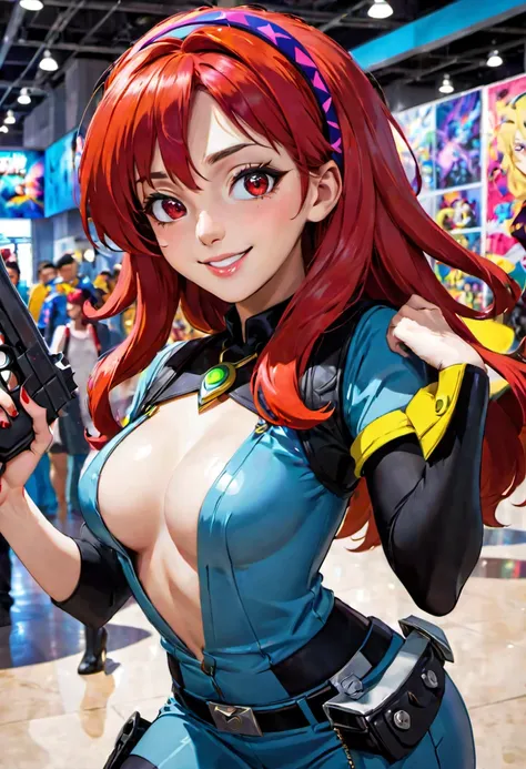 (a lovely woman in cosplay as Cowboy BeBop Fay Valentine with red hairband,holding a pistol),comic convention,illustration,cartoon style,high saturation colors,beautiful detailed eyes and face,long red hair,smiling expression,casually dressed,unique clothi...