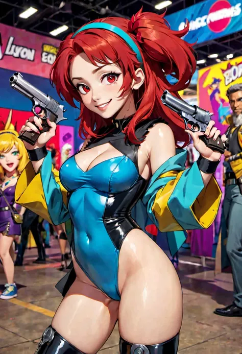 (a lovely woman in cosplay as Cowboy BeBop Fay Valentine with red hairband,holding a pistol),comic convention,illustration,cartoon style,high saturation colors,beautiful detailed eyes and face,long red hair,smiling expression,casually dressed,unique clothi...