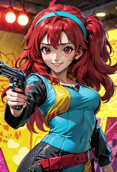 (a lovely woman in cosplay as Cowboy BeBop Fay Valentine with red hairband,holding a pistol),comic convention,illustration,cartoon style,high saturation colors,beautiful detailed eyes and face,long red hair,smiling expression,casually dressed,unique clothi...