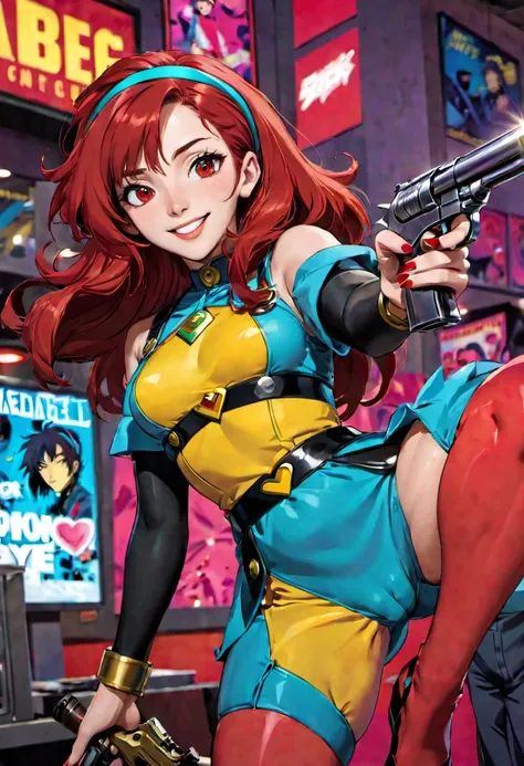 (a lovely woman in cosplay as Cowboy BeBop Fay Valentine with red hairband,holding a pistol),comic convention,illustration,cartoon style,high saturation colors,beautiful detailed eyes and face,long red hair,smiling expression,casually dressed,unique clothi...