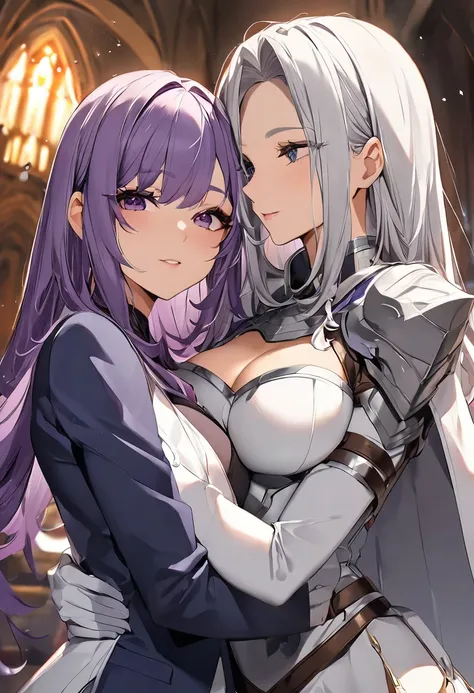 NSFW, masterpiece、highest quality、ultra high resolution、maximum resolution、very detailed、professional lighting、anime、adult woman、thin、so beautiful、beautiful face、armored dress、two women、Silver-haired woman in blue armor、Purple haired woman in white armor、T...