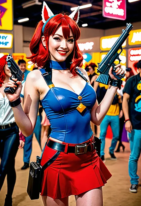 (a lovely woman in cosplay as Cowboy BeBop Fay Valentine with red hairband,holding a pistol),comic convention,illustration,cartoon style,high saturation colors,beautiful detailed eyes and face,long red hair,smiling expression,casually dressed,unique clothi...