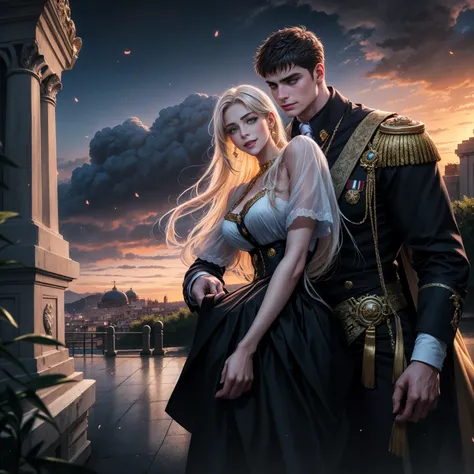 Roman Emperor Constantine the Great and a beautiful woman named Serdica, beloved by the Roman Emperor Constantine the Great. A happy couple. An eternal bond of love. Mutual affection. Pure love. romantic, sunset, back only, photorealistic The refreshing br...