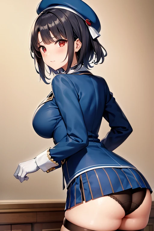 (masterpiece, highest quality:1.2),figure,8K,hd,1 girl,alone,Upper body,(portrait:1.2),Takao (Kantai Collection),black hair,red eyes,short hair,big breasts,long sleeve,have,black gloves,black stockings,mini skirt,blue skirt,uniform,beret,garter strap,blue ...