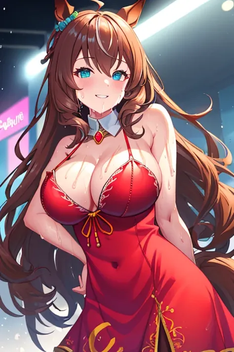 masterpiece, best quality, 1girl, maruzensky (umamusume), beautiful face, beautiful hair, (((lovely big eyes))),(((cute smile, happy)), (((saggy huge breasts:))), ((hanging breasts)), (((erect nipples))), ((puffy nipples)), (((large areolae, covered nipple...