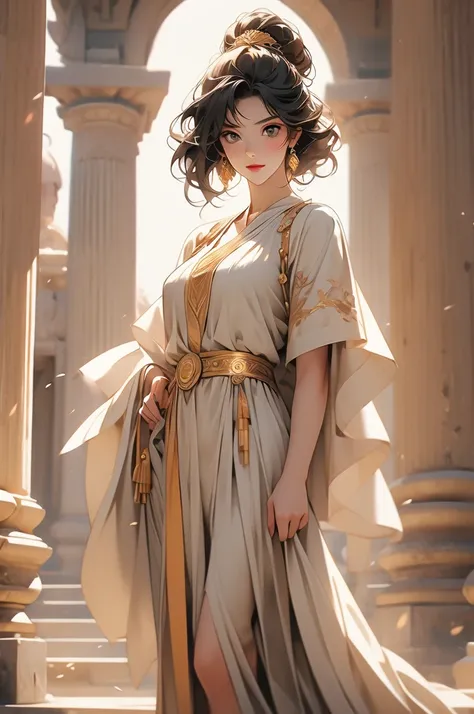 Roman woman, black hair, golden eyes, long white toga, looking at viewer, ancient Rome, laurel, full body