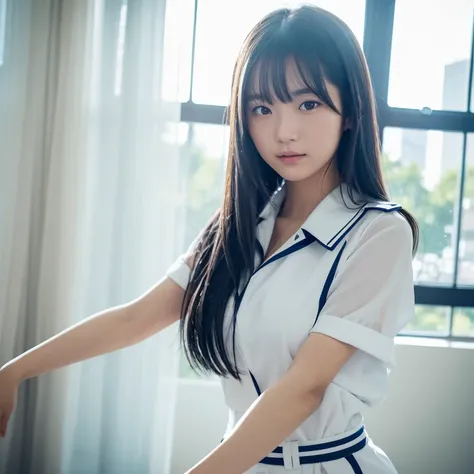 A beautiful Japanese female idol in her teens, wearing a cool white and navy stage costume with a futuristic design, dances by the window with eyes looking into the distance. Focal length 100mmf/2.8, spring day, sunny, living room on the upper floor of a h...