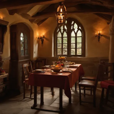 Rural, Medieval, inn, indoors, humble, tables, chairs, dinner plates, quadratic