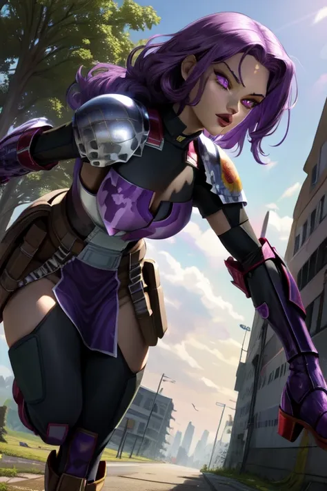 Fury, large purple hair,lips, no pupils, white eyes, forehead mark, 
standing, close up, facial view, 
shoulder armor,breastplate,gauntlets,pelvic curtain, boots, destroyed city,
 large trees, street, morning,
 (insanely detailed, beautiful detailed face, ...