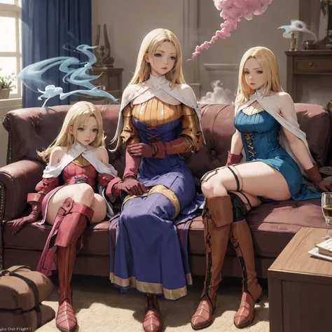 shadow clone, clone, ((pink smoke)), hand on hips, 5girls (Female Knight (Final Fantasy Tactics)) 1girl, indoor, sofa, pillows, buildings full body (2legs, 2arms each female), long blonde hair, blue dress big belt knight outfit clothes Female Knight (Final...