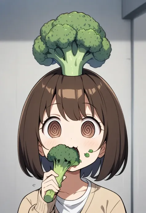 anime, 1girl, solo, broccoli growing on head focus, brown eyes, brown hair, bob cut, t-shirt, cardigan, eating broccoli, @_@, happy,